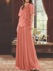 A Line Princess Jewel Neck Short Sleeves Floor Length Mother Of The Bride Dress With Pleats Beading