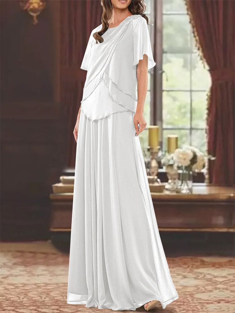 A Line Princess Jewel Neck Short Sleeves Floor Length Mother Of The Bride Dress With Pleats Beading