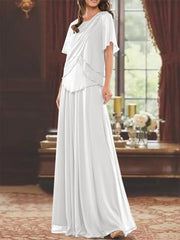 A Line Princess Jewel Neck Short Sleeves Floor Length Mother Of The Bride Dress With Pleats Beading