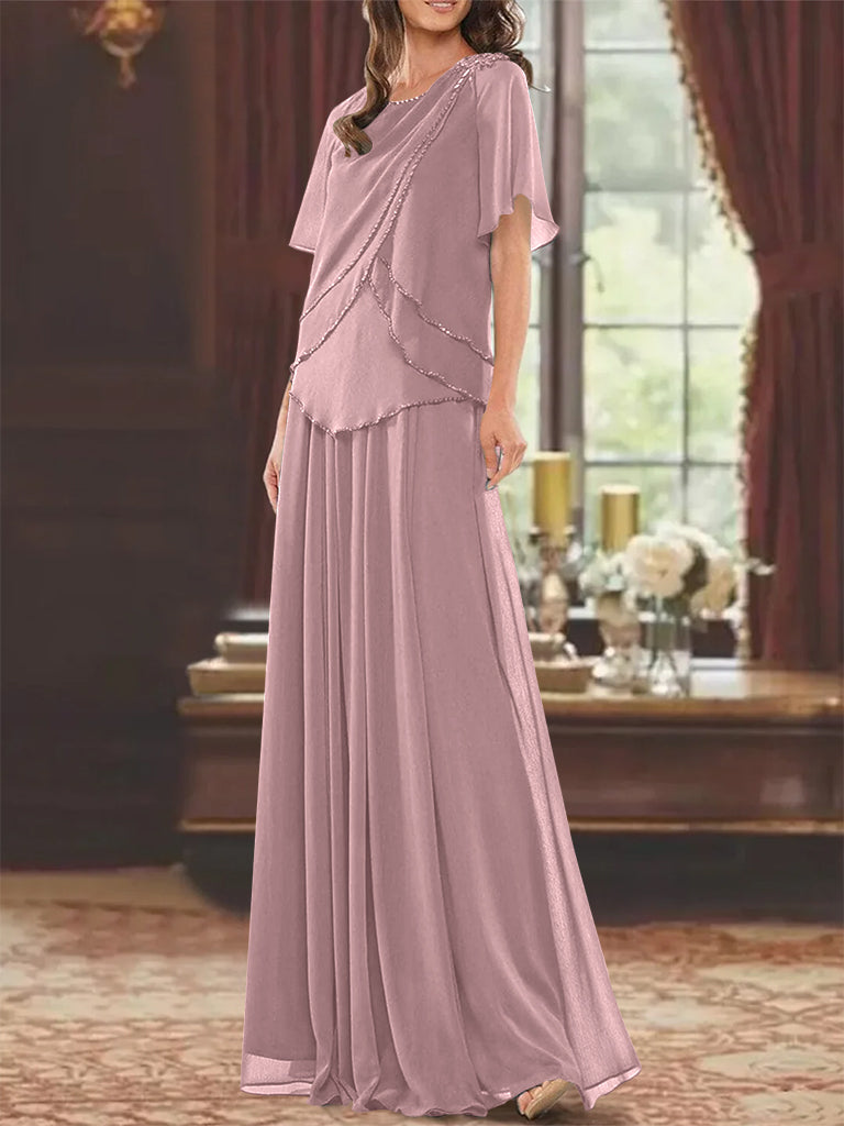 A Line Princess Jewel Neck Short Sleeves Floor Length Mother Of The Bride Dress With Pleats Beading