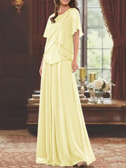 A Line Princess Jewel Neck Short Sleeves Floor Length Mother Of The Bride Dress With Pleats Beading