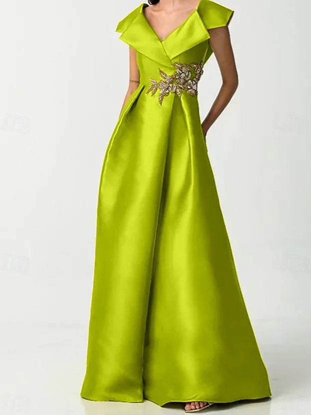 A Line Short Sleeve Length V Neck Satin Rhinestone Mother Of The Bride Dresses