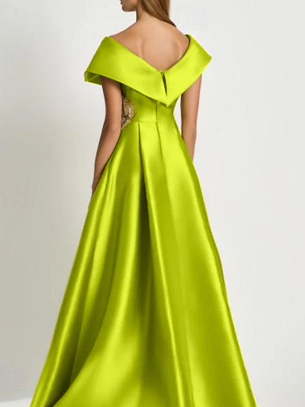 A Line Short Sleeve Length V Neck Satin Rhinestone Mother Of The Bride Dresses