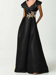 A Line Short Sleeve Length V Neck Satin Rhinestone Mother Of The Bride Dresses