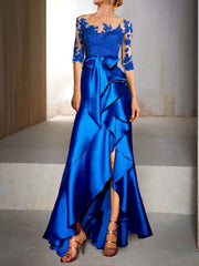 Mermaid Trumpet Jewel Neck Half Sleeves Floor Length Mother Of The Bride Dresses With Appliques Bow S