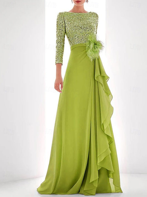 A Line Princess Jewel Neck Long Sleeves Asymmetrical Mother Of The Bride Dresses With Sequin Feather Pearls