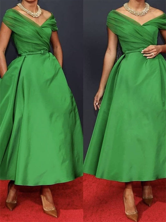 A Line Sleeveless Off Shoulder Ankle Length Ruched Mother Of The Bride Dresses