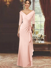 Sheath Column V Neck Half Sleeves Floor Length Mother Of The Bride Dresses With Ruffles Appliques