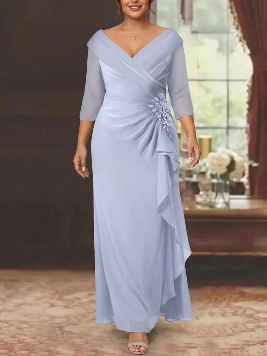 Sheath Column V Neck Half Sleeves Floor Length Plus Size Mother Of The Bride Dresses With Ruffles Appliques
