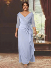Sheath Column V Neck Half Sleeves Floor Length Plus Size Mother Of The Bride Dresses With Ruffles Appliques