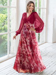A Line Princess V Neck Long Sleeves Floor Length Floral Mother Of The Bride Dresses With Flower