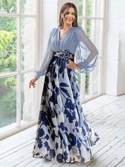 A Line Princess V Neck Long Sleeves Floor Length Floral Mother Of The Bride Dresses With Flower