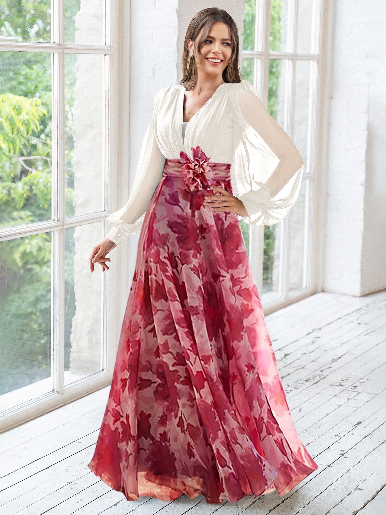 A Line Princess V Neck Long Sleeves Floor Length Floral Mother Of The Bride Dresses With Flower