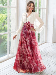 A Line Princess V Neck Long Sleeves Floor Length Floral Mother Of The Bride Dresses With Flower