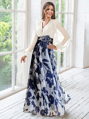 A Line Princess V Neck Long Sleeves Floor Length Floral Mother Of The Bride Dresses With Flower