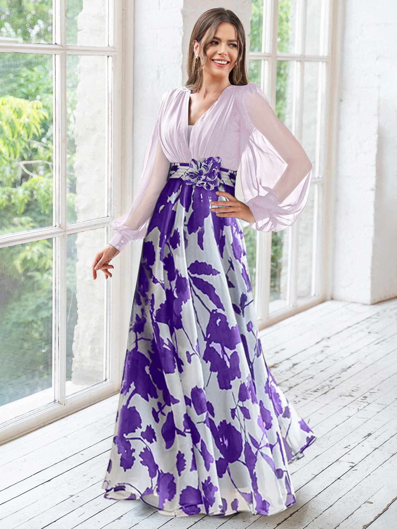 A Line Princess V Neck Long Sleeves Floor Length Floral Mother Of The Bride Dresses With Flower