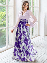 A Line Princess V Neck Long Sleeves Floor Length Floral Mother Of The Bride Dresses With Flower