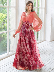 A Line Princess V Neck Long Sleeves Floor Length Floral Mother Of The Bride Dresses With Flower