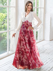 A Line Princess V Neck Long Sleeves Floor Length Floral Mother Of The Bride Dresses With Flower