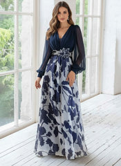 A Line Princess V Neck Long Sleeves Floor Length Floral Mother Of The Bride Dresses With Flower