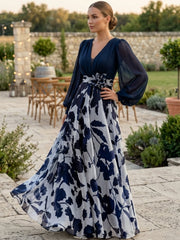 A Line Princess V Neck Long Sleeves Floor Length Floral Mother Of The Bride Dresses With Flower