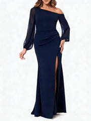 Trumpet Mermaid Asymmetrical Floor Length One Shoulder Long Sleeves Mother Of The Bride Dresses Chiffon