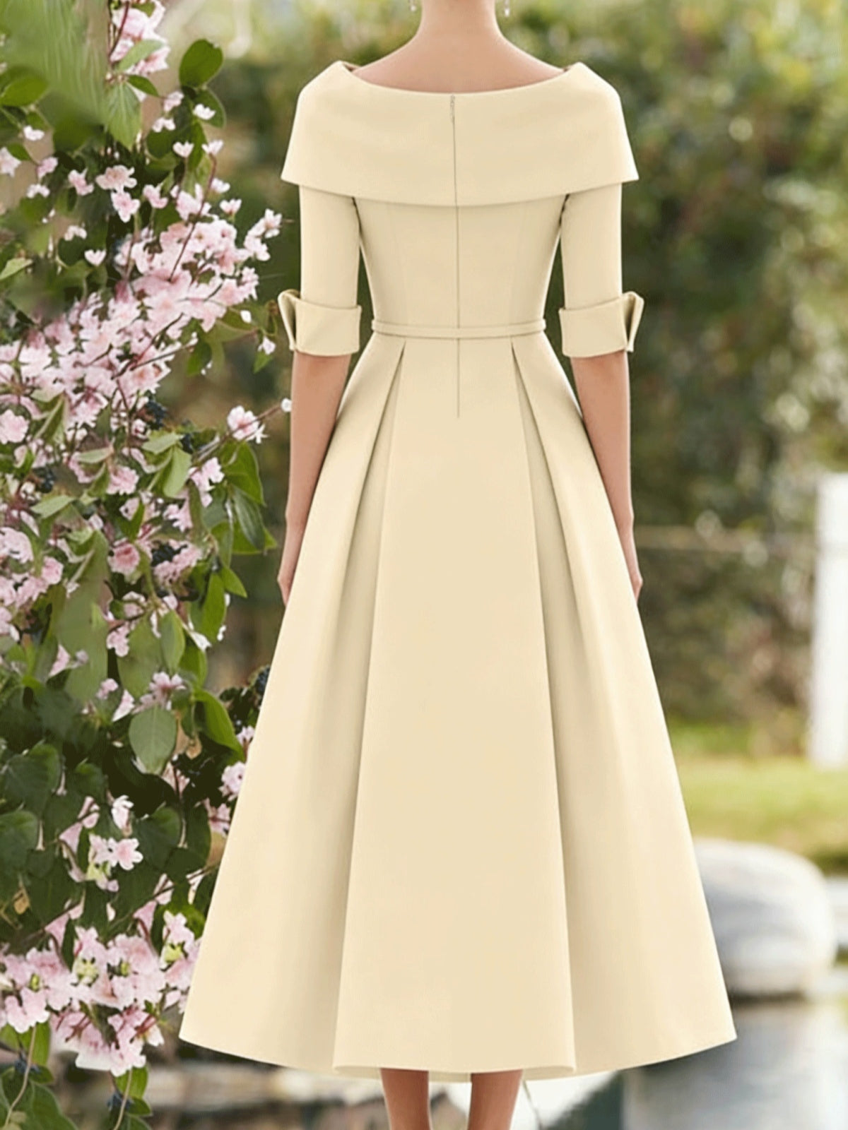 A Line Princess Cowl Neck Bow S 3 4 Sleeves Tea Length Elegant Mother Of The Bride Groom Dresses