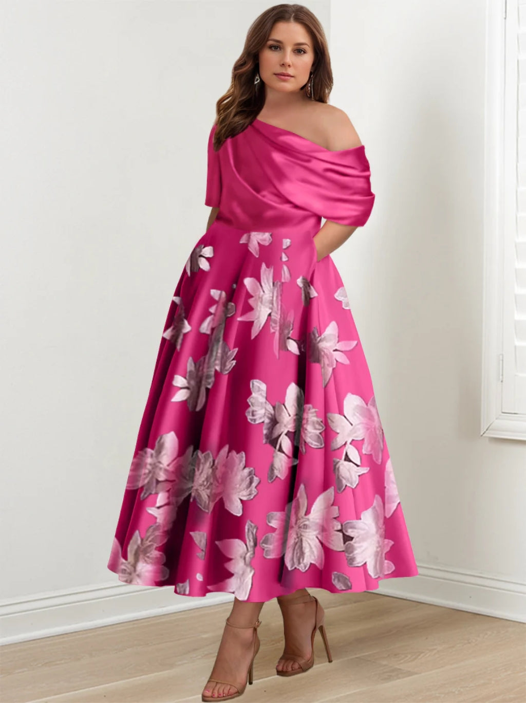 A Line Princess One Shoulder Printed Flower Plus Size Mother Of The Bride Dresses
