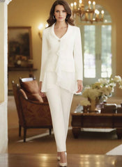 White V Neck Long Sleeves Floor Length Mother Of The Bride Pantsuits With Ruffle
