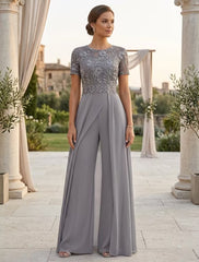 Stretch Chiffon Round Neck Short Sleeves Floor Length Mother Of The Bride Pantsuits With Appliques Lace