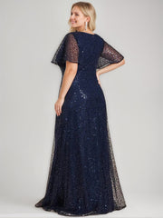 A Line Princess V Neck Short Sleeves Floor Length Sequined Mother Of The Bride Groom Dresses