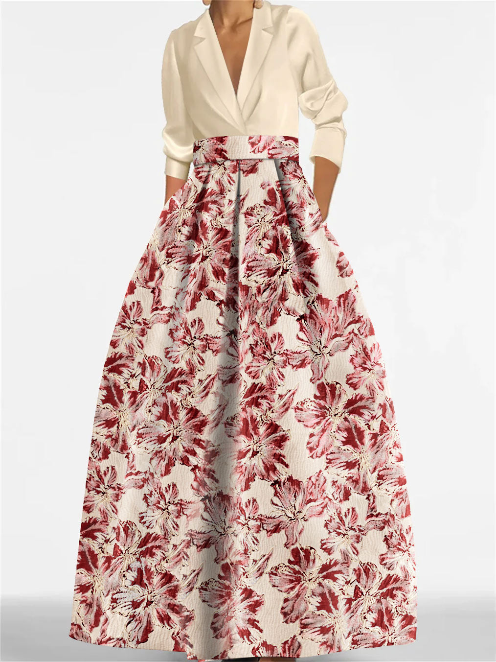 A Line Princess Shirt Collar 3 4 Sleeves Printed Flower Mother Of The Bride Groom Dresses
