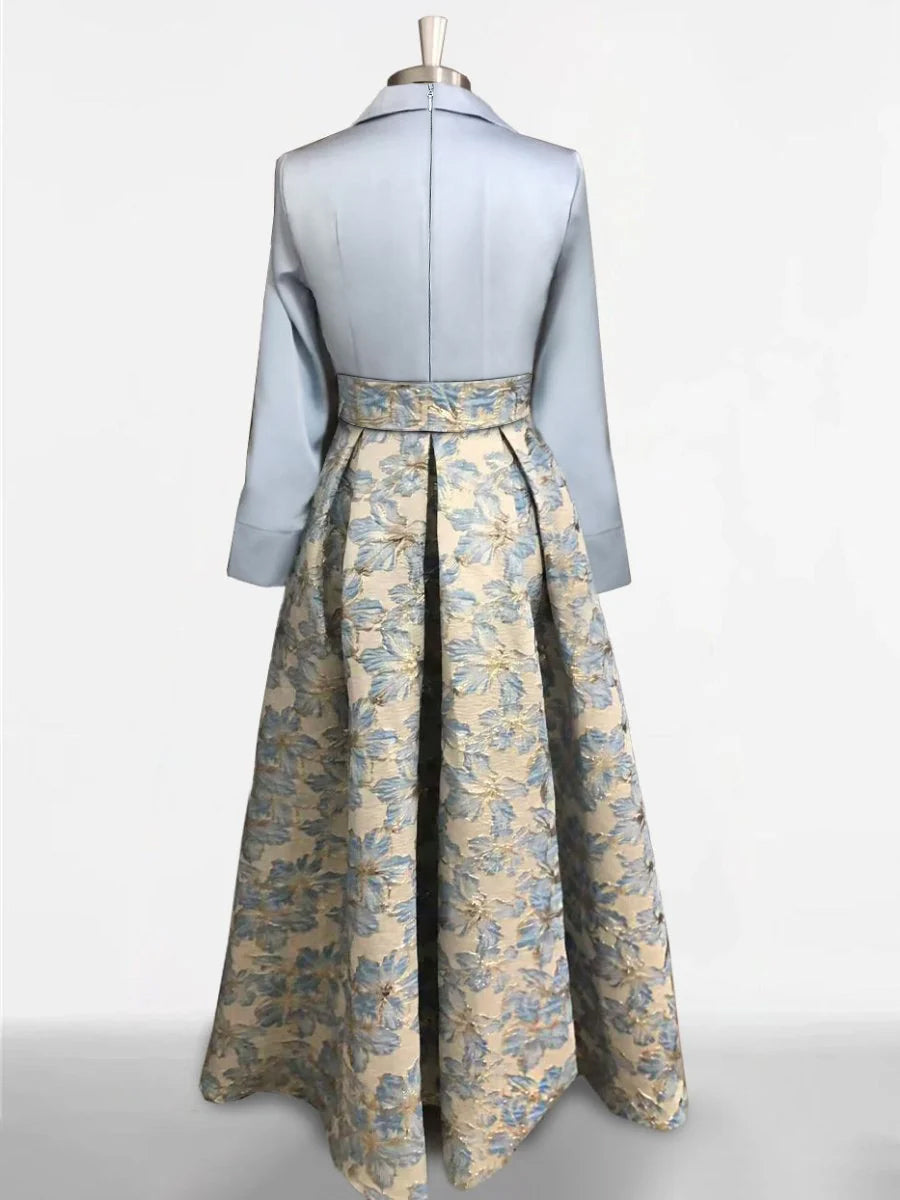 A Line Princess Shirt Collar 3 4 Sleeves Printed Flower Mother Of The Bride Groom Dresses