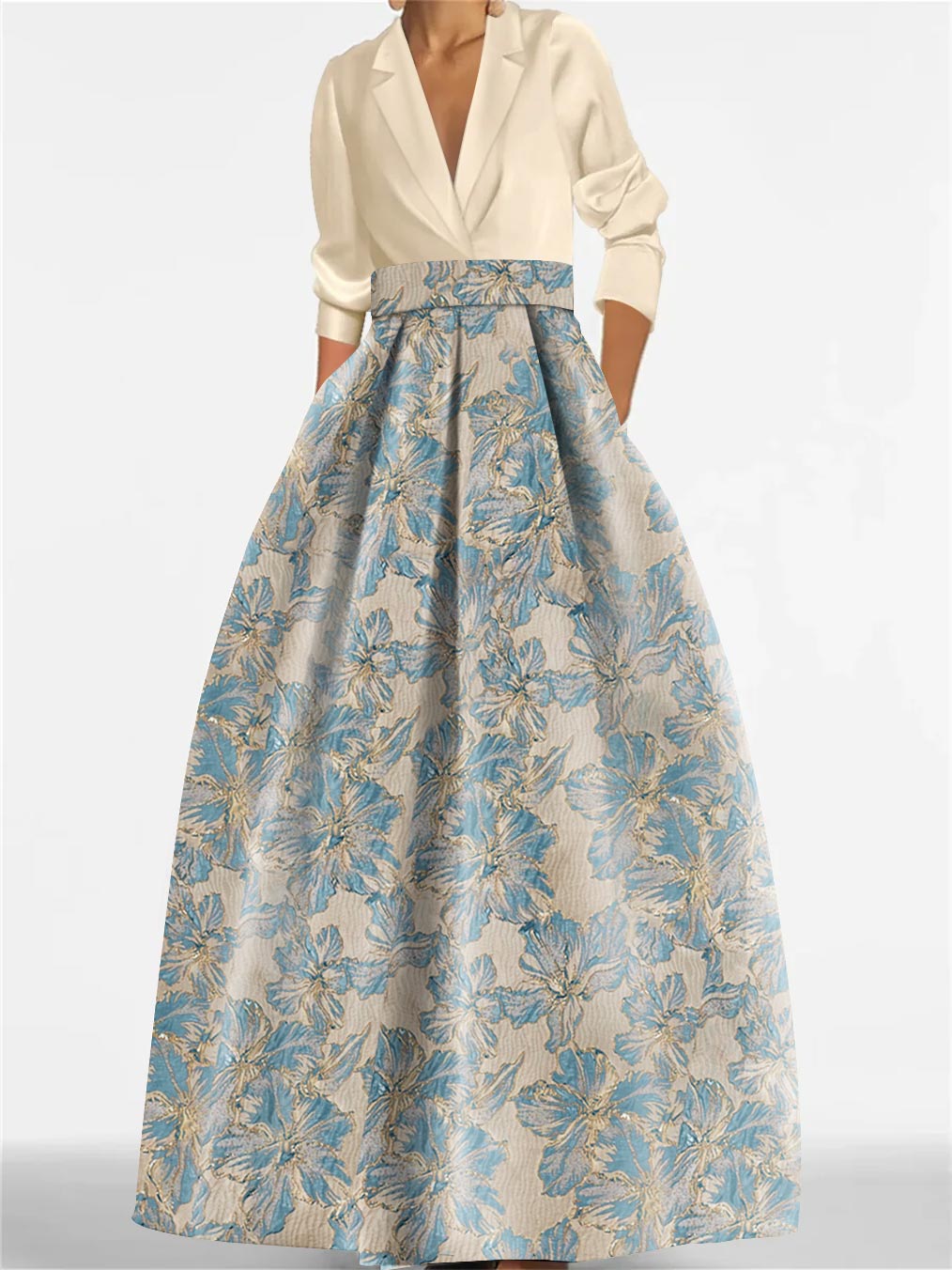 A Line Princess Shirt Collar 3 4 Sleeves Printed Flower Mother Of The Bride Groom Dresses