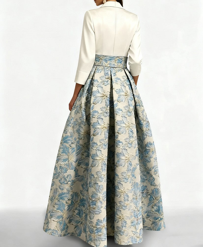 A Line Princess Shirt Collar 3 4 Sleeves Printed Flower Mother Of The Bride Groom Dresses