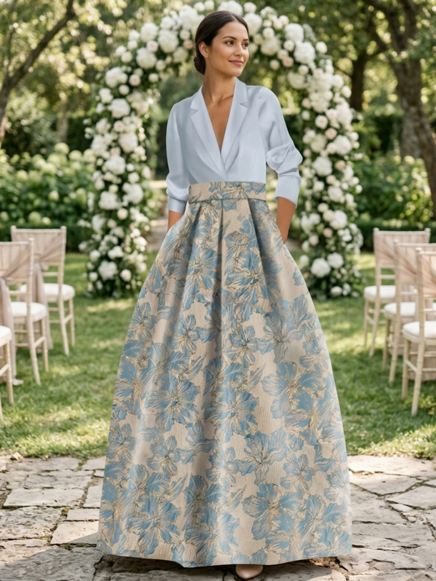 A Line Princess Shirt Collar 3 4 Sleeves Printed Flower Mother Of The Bride Groom Dresses