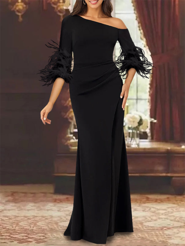 Trumpet Mermaid Mother Of The Bride Feather Dresses With One Shoulder Long Sleeves Chiffon