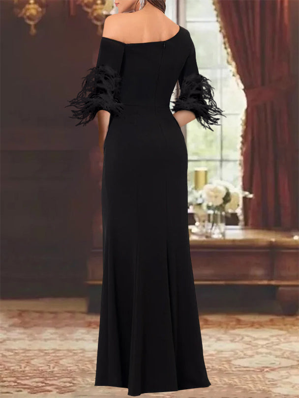 Trumpet Mermaid Mother Of The Bride Feather Dresses With One Shoulder Long Sleeves Chiffon