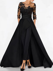 A Line Princess Sweetheart 3 4 Sleeves Floor Length Mother Of The Bride Jumpsuit With Applique
