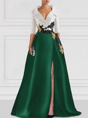 A Line Princess V Neck Floor Length Mother Of The Bride Dresses With Appliques Split Side