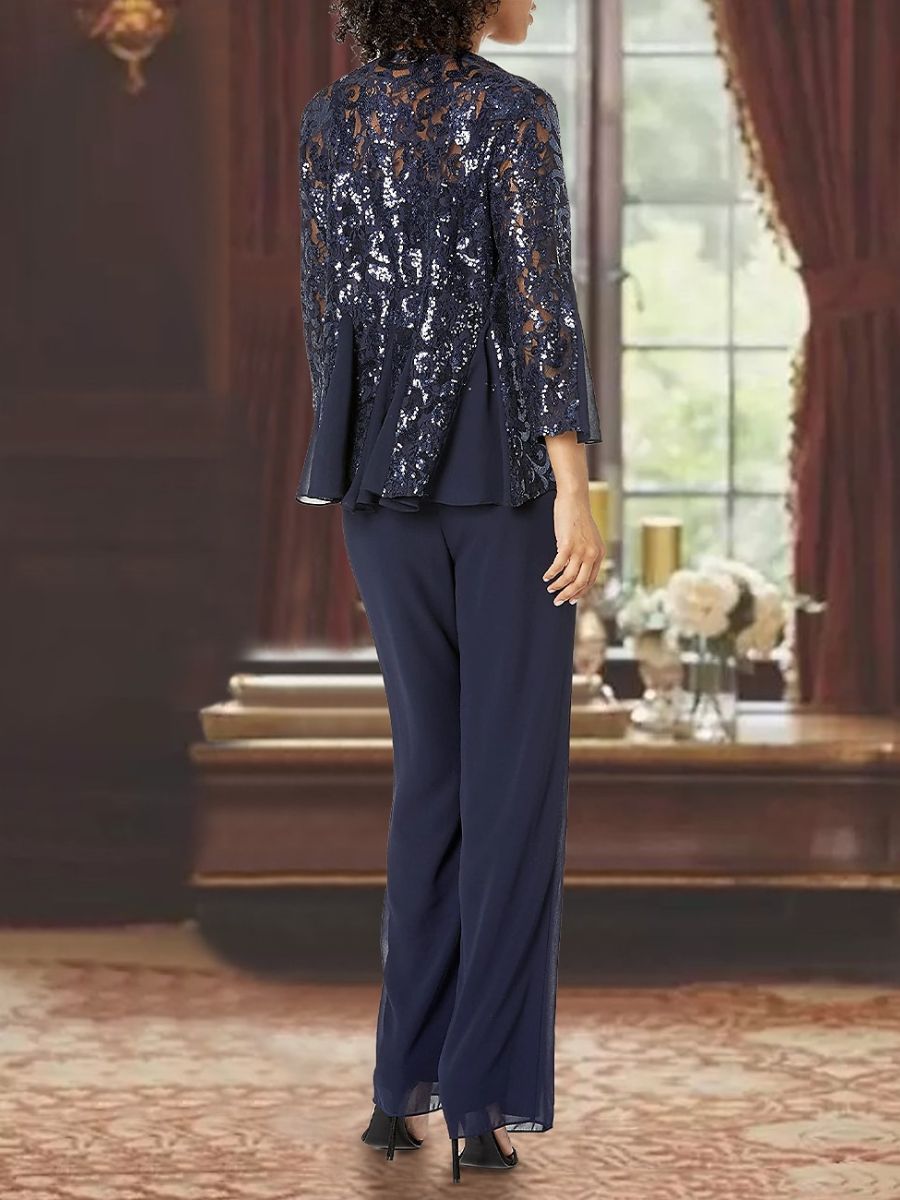 3 Piece Chiffon Square Neck Ankle Length Mother Of The Bride Pantsuits With Applique