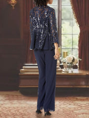 3 Piece Chiffon Square Neck Ankle Length Mother Of The Bride Pantsuits With Applique