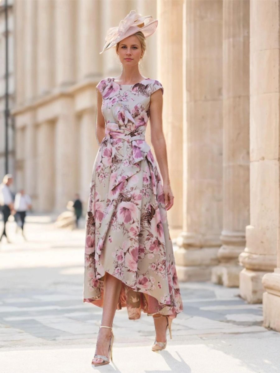 A Line Princess Scoop Neck Short Sleeves Printed Flower Mother Of The Bride Groom Dresses