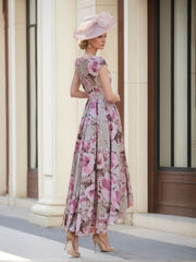 A Line Princess Scoop Neck Short Sleeves Printed Flower Mother Of The Bride Groom Dresses