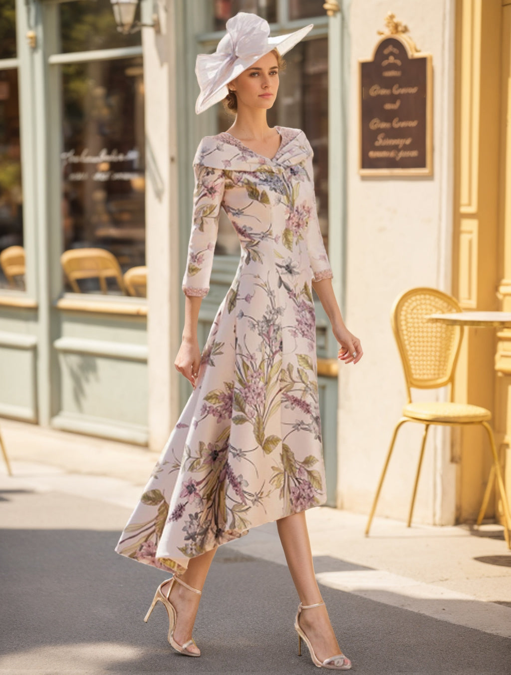 A Line Princess V Neck 3 4 Sleeves Asymmetrical Printed Flower Mother Of The Bride Groom Dresses