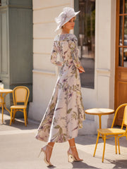 A Line Princess V Neck 3 4 Sleeves Asymmetrical Printed Flower Mother Of The Bride Groom Dresses