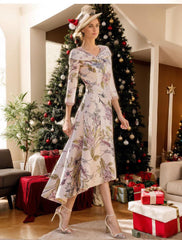 A Line Princess V Neck 3 4 Sleeves Asymmetrical Printed Flower Mother Of The Bride Groom Dresses