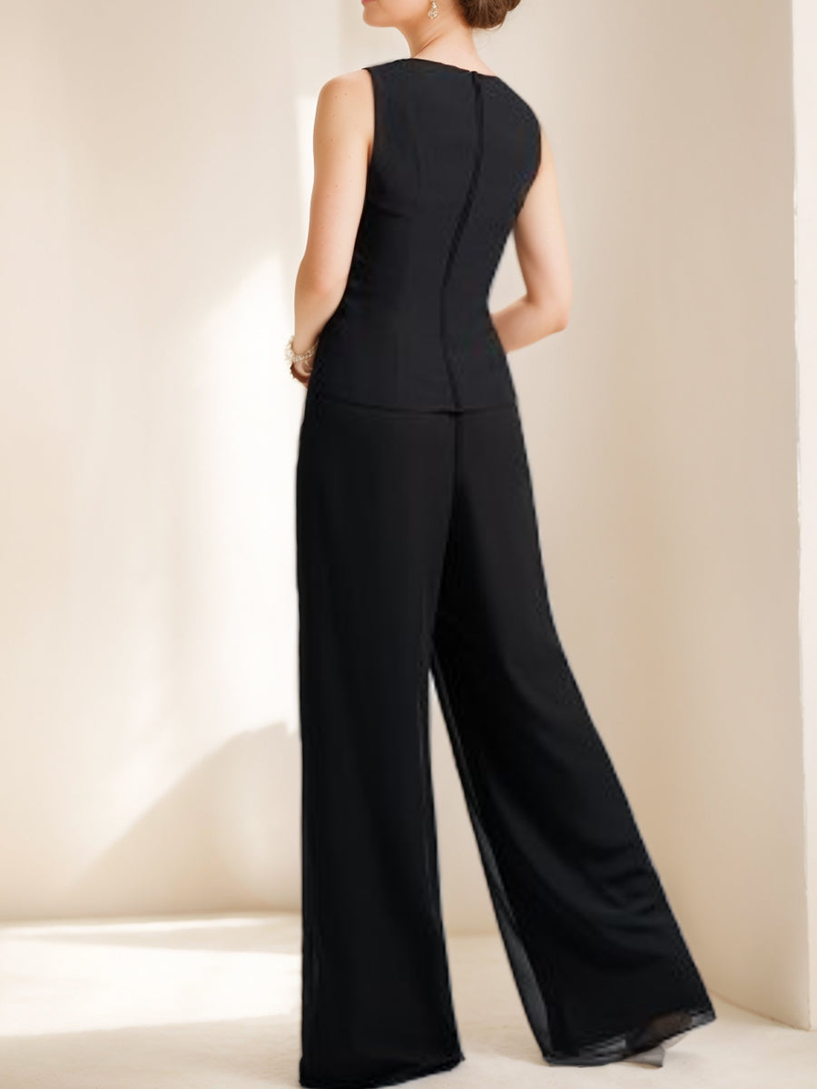 Black Chiffon Scoop 3 4 Sleeves Mother Of The Bride Pantsuits With Appliques Jacket