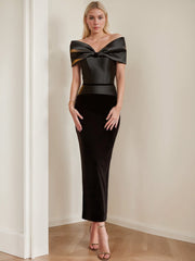 Sheath Column Off The Shoulder Ankle Length Ruched Cocktail Dresses With Bow