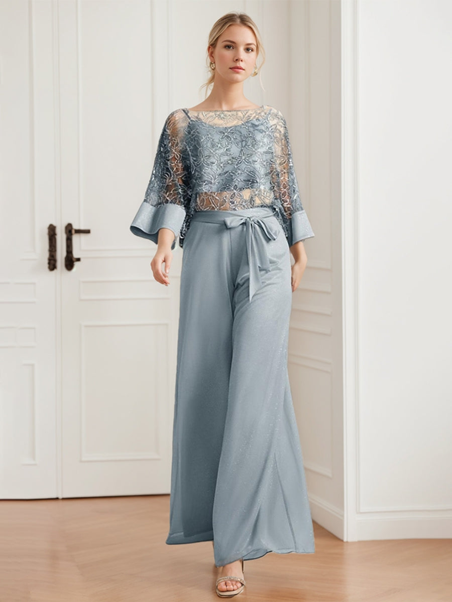 2 Pieces Chiffon Scoop Mother Of The Bride Pantsuits With Lace Appliques Sequins